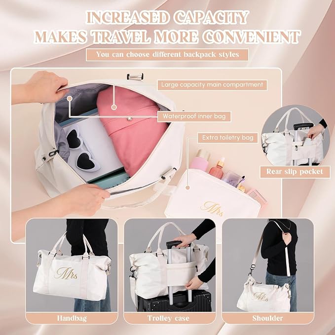 Sanwuta 4 Pcs Mr Mrs Duffel Bag Set 2 Honeymoon Travel Bags with 2 Toiletry Pouches Weekender Gym Tote for Couple Wedding Engagement Valentines His Hers Gifts Bridal Shower Gifts - Image 4
