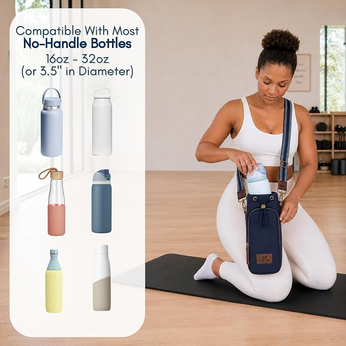 Water Bottle Holder with Strap & Pocket Fits 16 to 32 oz Bottles Crossbody Water Bottle Carrier for Women Canvas and Leather - Image 3
