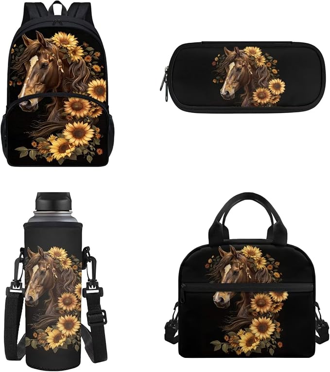 4Pcs Sunflower Horse Schoolbag and Lunch Box Pencil Bag Water Holder Bag for Boy 10, Preschool, Outdoor Travel Ruckpack Laptop Bags - Image 5