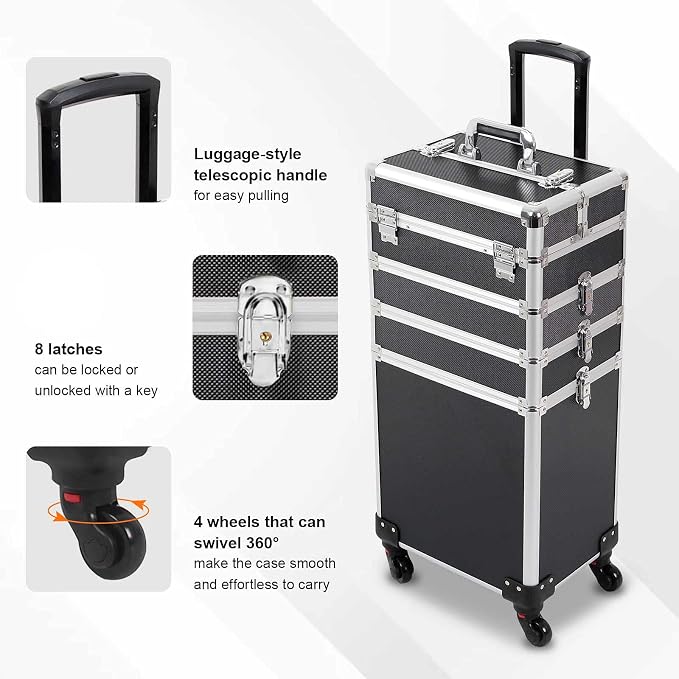 4 in 1 Rolling Makeup Train Case, Large Storage Cosmetic Trolley Makeup Travel Case with Key & Wheels Salon Barber Case Traveling Cart Trunk (Black) (0057) - Image 5