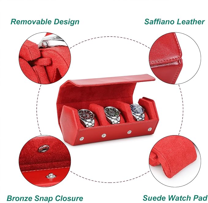 Hiram Genuine Leather Hexagon Watch Roll Travel Case, Leather 3-Watches Roll Case with Removable Pillow Cushion for Treasured Watches and Bracelets -Red - Image 3