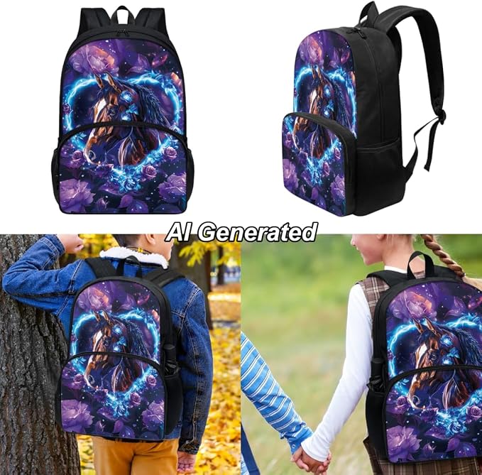 Custom Horse Girls Bookbags Back to School Personalized Backpack Laptop Floral Schoolbag with Lunch Bag and Pencil Box Set 3-in-1 for Teens Girls High School, Purple - Image 2