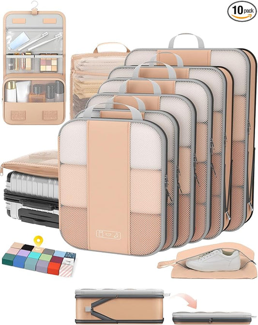 OlarHike 10 Set Compression Packing Cubes for Travel Essentials,Compressible Expandable Space Saver Bags for Organizing Clothes,Luggage Suitcase Garment Bags with Over 1000 pcs Mesh Holes(Gold) by OlarHike