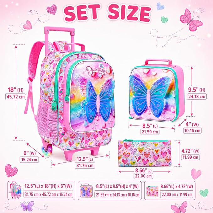 AGSDON 3PCS Rolling Backpack for Girls Boys, Kids Roller Wheels Bookbag, Wheeled School Bag with Lunch Bag - Image 5