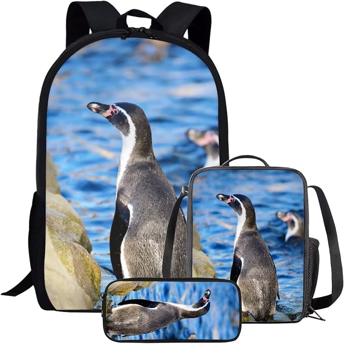 Kids Novelty Animal Backpack and Lunch Box for Boys Girls Student Lightweight 17 Inch School Humboldt Penguin Backpack with Lunch Bag Pencil Case Kids Comfy Padded Black Large Bookbag by Parprinty