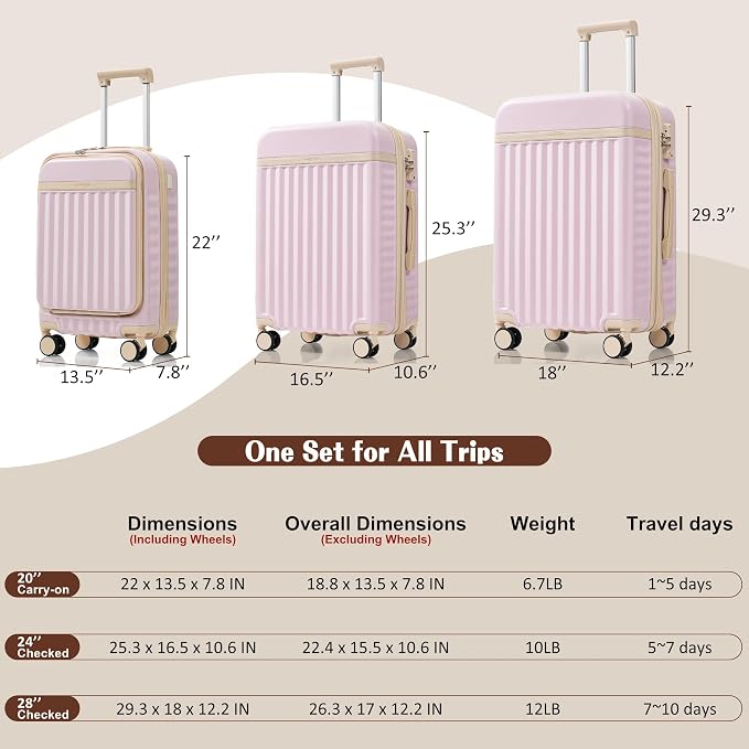 Hardshell Luggage, Lightweight Suitcase with Spinner Wheels, LIGHT PINK+USB - Image 6