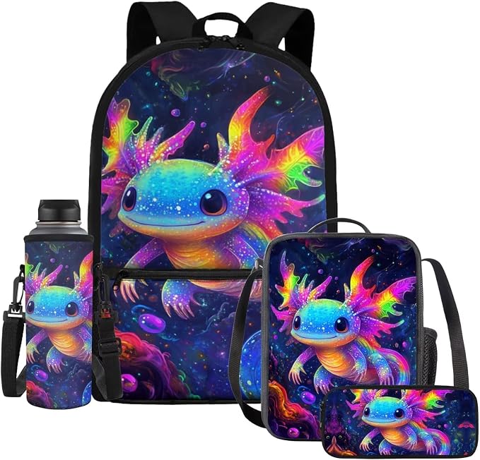 Axolotl Backpack and Lunch Box 17 Inch Elementary School Backpacks with Lunch Box Cute Animal Print Bookbag/Lunch Bag/Pencil Case/Water Bottle Holder, 4 Piece Back to School Bags by Dremagia