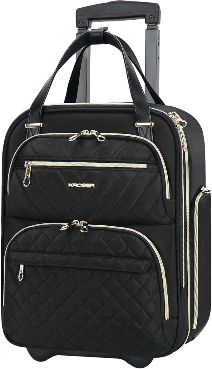 KROSER Carry On Underseat Multi-functional, 16-inch Underseater Lightweight Overnight Suitcase for Men Women, Black/Gold by KROSER