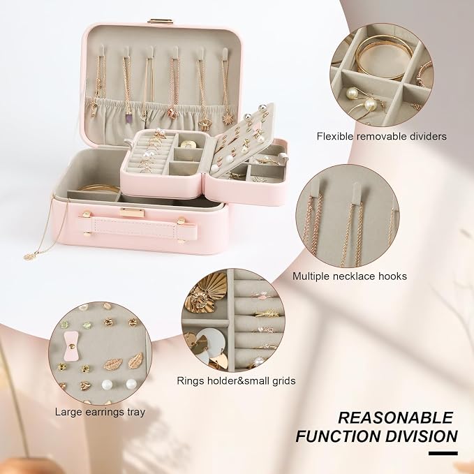 Large Jewelry Travel Organizer, Large Travel Jewelry Box with Removable Jewelry Tray, 2-Layer Jewelry Boxes for Women, Pink - Image 3