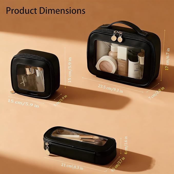 2 Complete Sets of 3-Size Makeup Bags | Premium Transparent & Waterproof Cosmetic Organizer Storage Bag | Travel Toiletry & Skincare Storage Set (White+Black, L+M+S) - Image 3