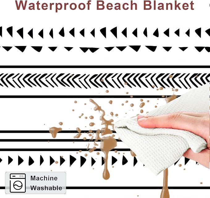 ADecor Beach Blanket Waterproof Sandproof, Large Picnic Blankets with Stakes & Travel Bag, Lightweight, Quick-Dry, Compact Beach Mat for Outdoors, Camping, Beach, Trips - Monochrome Tribal - Image 4