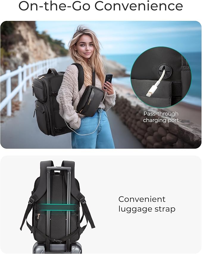 BAGSMART Womens Backpack Carry On Flight Approved, Travel Backpack for Women with Waist Bag, Traveling Lightweight Weekender Casual Daypack 17.3" Laptop Work Back pack Personal Item Travel Bag, Black - Image 2
