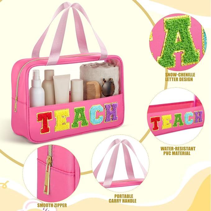 Hillban 6 Pcs Clear Teach Makeup Bags Bulk Chenille Letter Travel Toiletry Bags with Handle Large Waterproof Storage Cosmetic Bag Graduation Back to School Retirement Gifts for Women - Image 4