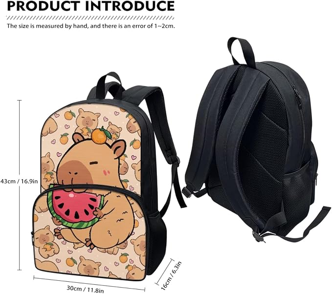 Capybara Watermelon Backpack Set for Kids, Brown School Bookbag for Girls Boys, 4 Pcs Travel Backpack Bookbag Lunch Box Pen Case Water Bottle Bag Fits 17" Laptop Knapsack Rucksack - Image 2
