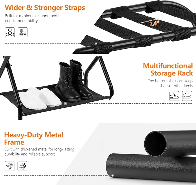 Heybly Luggage Rack for Guest Room, Pack of 2, Steel Folding Suitcase Stand with Storage Shelf for Bedroom, Hotel, Foldable Steel Frame, Guest Room 26.2" L x 14.4" W x 20.5" H, Black HLR004B2 - Image 4