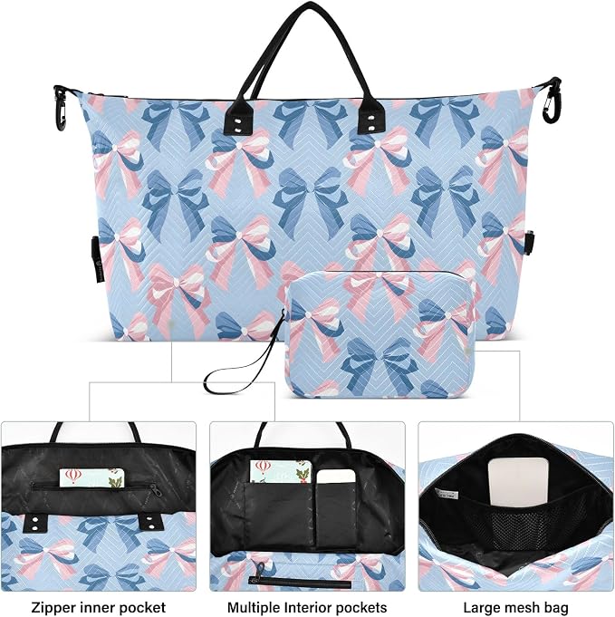 Weekender Bags Travel Duffel Gym Bag Carry on Overnight Tote Bag with Toiletry Bag for Airplane Travel Trip Gym Yoga (Ribbon Bow Sea) - Image 2