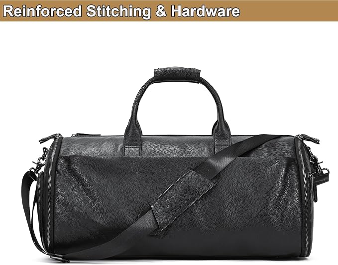 Genuine Leather Travel Duffel Bag for Men, Convertible Carry-On Luggage Hanging Garment Bag for Business & Gym, Large Capacity Weekender Bag with Multiple Pockets (Black) - Image 6