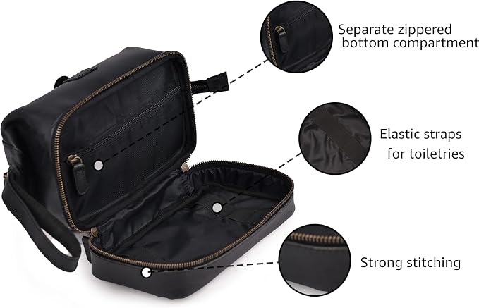 LEATHER VILLAGE Genuine Leather Dopp Kit – Large Travel Toiletry Bag with Waterproof Lining, Dual-Zip Design for Men & Women, Organizer for Shaving, Makeup & Essentials - Black - Image 2
