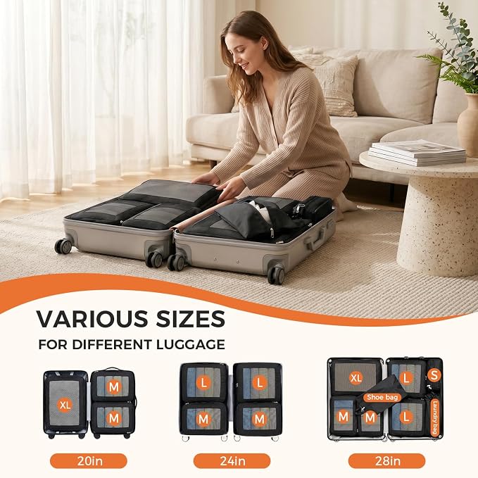 BAGAIL 8 Set Compression Packing Cubes, Durable & Wear-resistant Expandable Luggage Organizer Bags for Travel Accessories (Black) - Image 6