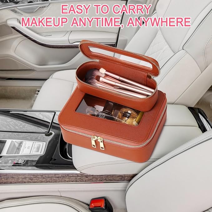 Pinkmik Travel Clear Makeup Bag with Brush Case TSA Approved Toiletry Bag Waterproof Cosmetic Organizer with Zipper Car Essential for Women (X/Brown, M+SLIM) - Image 6