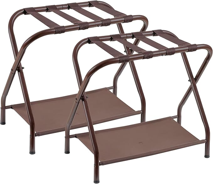Heybly Luggage Rack for Guest Room, Pack of 2, Steel Folding Suitcase Stand with Storage Shelf for Bedroom, Hotel, Foldable Steel Frame, Guest Room 26.2" L x 14.4" W x 20.5" H, Brown HLR004Z2 by HEYBLY