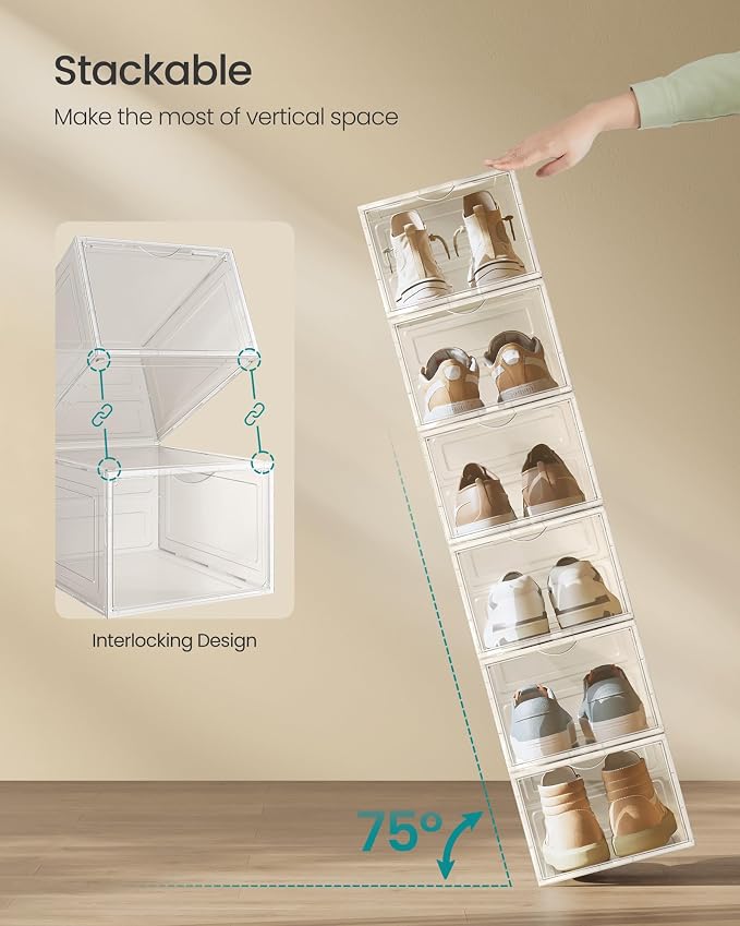 SONGMICS Shoe Boxes, Set of 12, Clear Plastic Shoe Storage, Stackable Sneaker Box, Drop Front Door, Up to US Size 11, Easy Assembly, 13 x 9.8 x 7.1 Inches, Transparent White ULSP032W12 - Image 3
