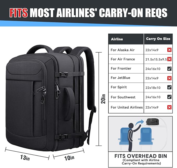 Travel Carry On Backpack with LifetimeWarranty, 45L Expandable Travel Backpack for Men, TSA Airline Approved Large Business Bag Fits 17.3 Inch Laptop, Black - Image 5