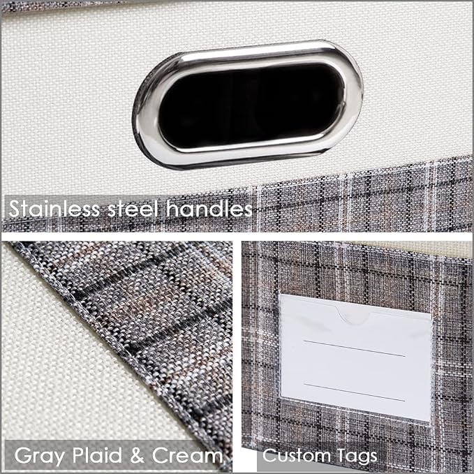 PRANDOM Collapsible Storage Bin with Lid [3-Pack] Fabric Foldable Storage Box Organizer Container Basket Cube with Cover for Home Bedroom Closet Office Nursery Gray plaid & Cream(14.9x9.8x9.8) - Image 5