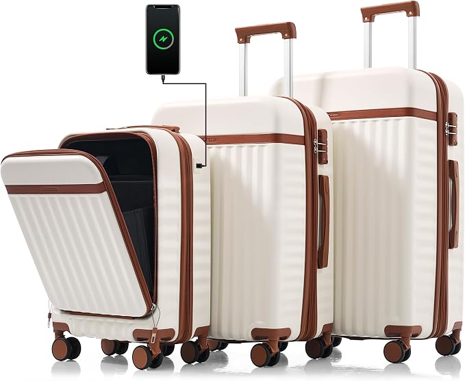 Hardshell Luggage, Lightweight Suitcase with Spinner Wheels, WHITE BROWN+USB by Merax