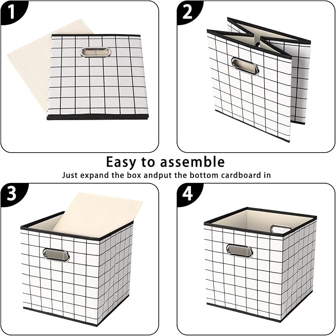 Fabric Cloth Storage Bins,Fabric Cube Organizer with Dual Handles Foldable Cube Storage Baskets for Home Bedroom Storage,Set of 6,(White grid) - Image 6