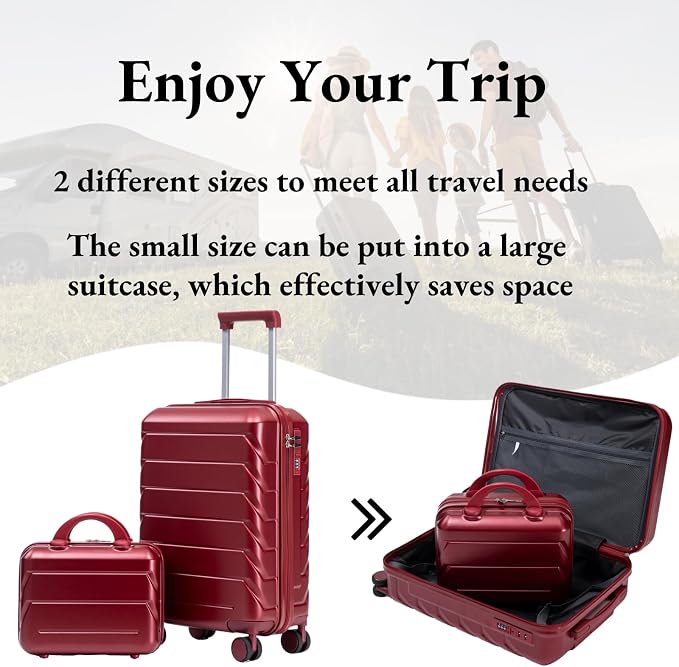 2-Piece ABS Hard Shell Lightweight Carry-On Luggage Set (14" & 20"), 360-Degree Spinner Wheels, Adjustable Telescopic Handle and Combination Lock for Travel, Wine Red - Image 2