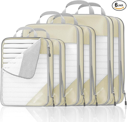 NICOSHOW Compression Packing Cubes 6 Set, Compressible Space-Saving Packing Cubes for Travel - Compression Bags, Luggage Organizer, Travel Essentials for Women, Beige by NICOSHOW