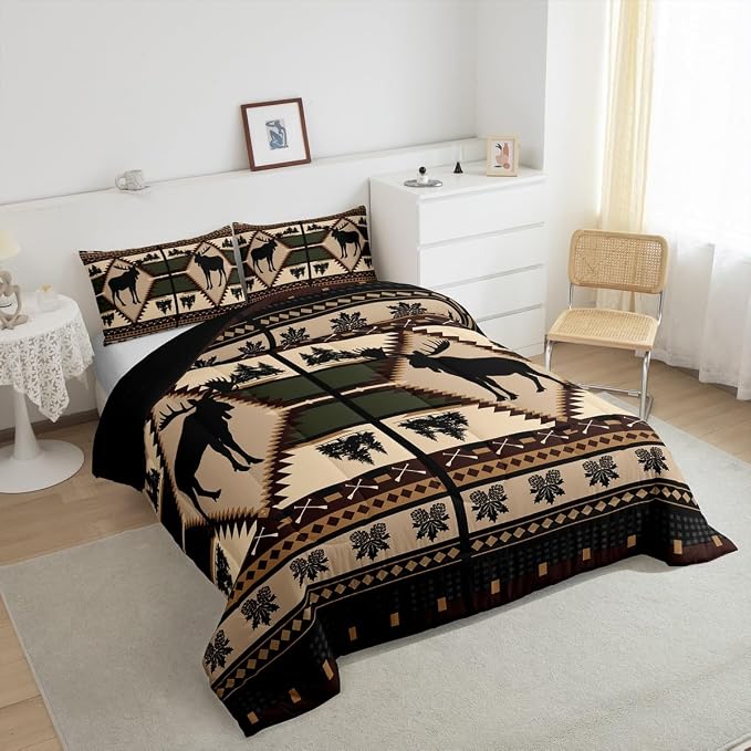 Erosebridal Moose Comforter Set for Kids Boys Girls Rustic Hunting Animal Bedding Sets Full Farmhouse Wild Animal Sketch Quilt Western Tribal Duvet Insert with 2 Pillowcases Lightweight - Image 5