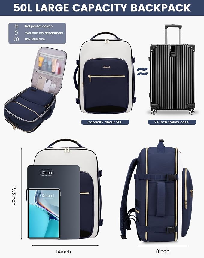 LOVEVOOK 50L Large Travel Backpack for Women & Men, Carry on Backpack Airline Approved, Waterproof Travel Essentials fits 18" Laptop, TSA Personal Item Bag Sports Backpack with 3 Packing Cubes - Image 3