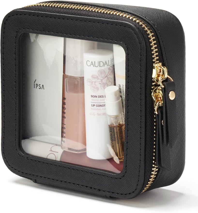 Mini Clear Black Makeup Bag - Cute Square Cosmetic Pouch for Travel with Zipper - For Women & Girls by POPVIBE