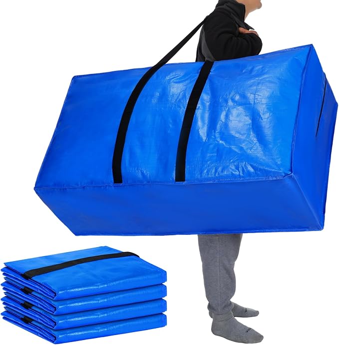 Windyun 4 Pack 57 Gallon Extra Large Moving Bags XXL Heavy Duty Storage Bag with Strong Zipper Handle Jumbo Big Tote Box Foldable for College Dorm Travel Clothes Duffle Blanket Pillow(Blue) by Windyun