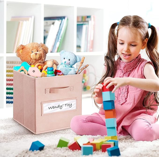 13x13x13 storage cube bins(Set of 8) Fabric storage cubes with 8 Labels Window Cards & a Pen, storage cubes 13x13, Collapsible 13 inch cube storage bins, Cubby Boxes, Pink - Image 5