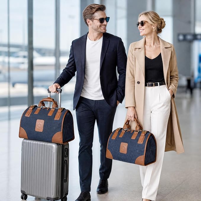 Canvas + Leather Travel Luggage Tote Duffle Gym Suitcase Weekender Overnight Bag For Men Male FB8151 (8151-The Blue) - Image 2