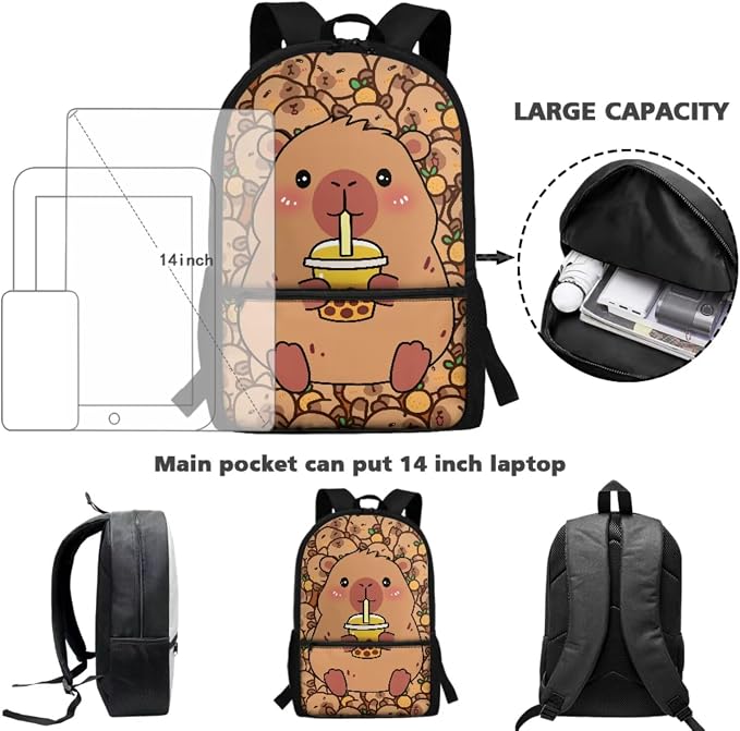 Capybara Backpack Kids School Backpack with Lunch Box Water Bottle Sleeve and Pencil Case Bookmark Matching 5 in 1 Bookbag Set for Girls Boys Back to School Gifts - Image 4