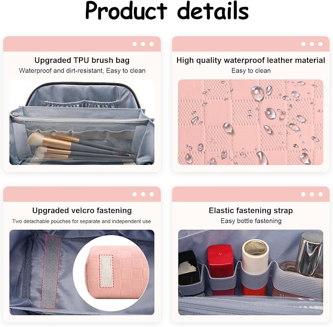 BOYATU Travel Makeup Bags for Women: Sweet Pink Checkered Large Capacity Cosmetic Bag - You Deserve a Little Sweetness Every Day - 3 Pcs Toiletry Organizer Holds 10-20 Full-Size 50-100ML Bottles - Image 5