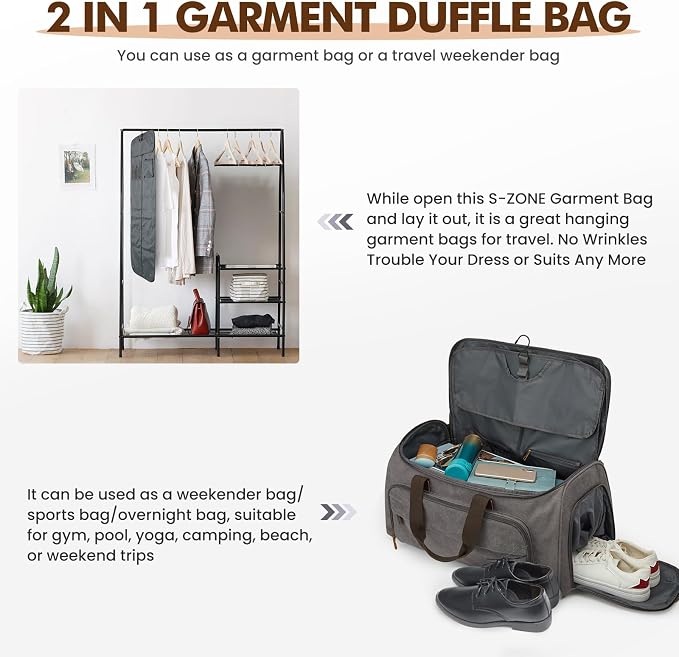 S-ZONE Carry On Garment Bag for Travel Convertible Garment Duffle Bag Suit Bags for Men Women Travel 2 in 1 Hanging Suitcase Business Travel Bag with Toiletry Bag, Gery, 50l | 2-in-1 Hanging Suitcase, with Toiletry Bag, Wet/Dry Pockets, Shoe Compartmen... - Image 5
