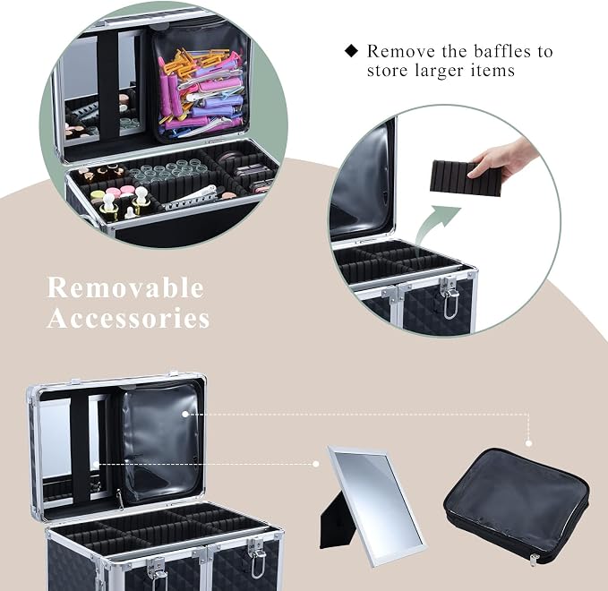 Professional Makeup Train Case Extendable Cosmetology Case on wheels | Rolling makeup station with a drawer and trays, ideal for makeup artists or dance competitions. Super organized. - Image 4
