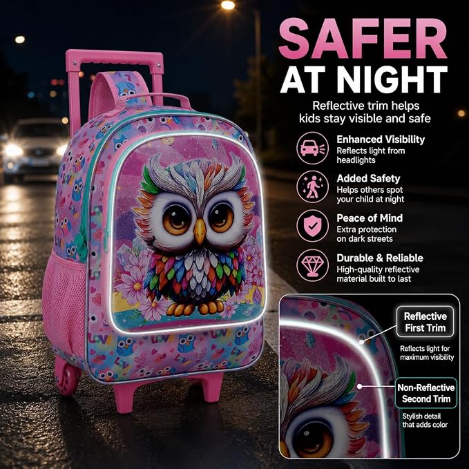 HPJGD 3PCS Owl Rolling Backpack for Girls, Kids School Backpacks with Wheels, Water Resistant UV Printed Roller Wheeled Bookbag Set - Image 3