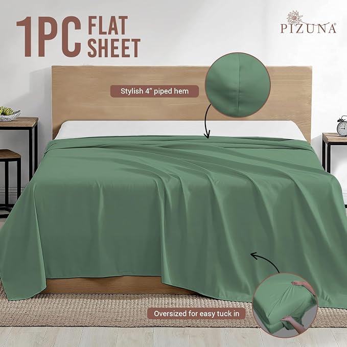 Pizuna Pure 100% Cotton Flat Sheets Only King Hedge Green (1 PC), Luxurious 400 Thread Count Long Staple Cotton Sateen with 4" Hem (Combed King Flat Sheet Only Cotton) - Image 3