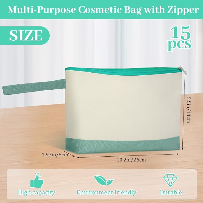 Silkfly 15 Pcs Cotton Canvas Makeup Bags Cosmetic Zipper Bags 10.2 x 5.5 x 2'' Blank DIY Pouch Bulk Pencil Case with Bottom Travel Toiletry Pouch for Women Craft Decor Gift (Beige and Green) - Image 2