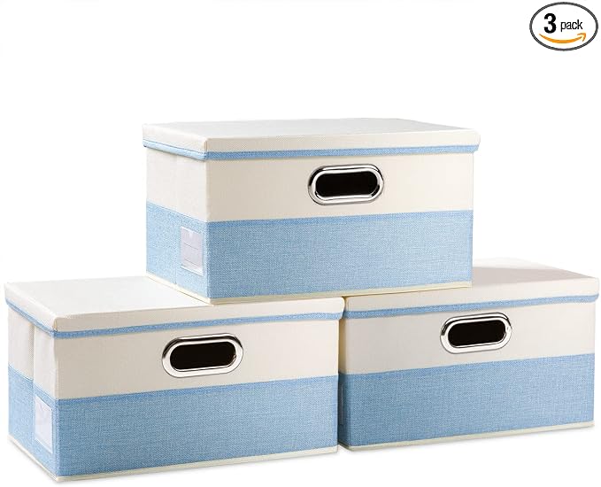 PRANDOM Collapsible Storage Bin with Lid [3-Pack] Fabric Foldable Storage Box Organizer Container Basket Cube with Cover for Home Bedroom Closet Office Nursery Blue&Cream(14.9x9.8x9.8) by Prandom