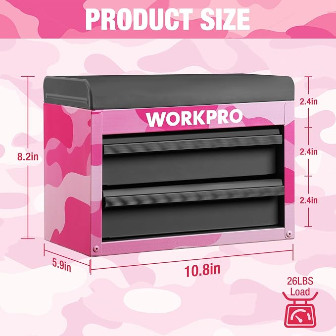 WORKPRO Metal Mini Tool Box with 2 Drawers and Top Storage | Cold Rolled Steel Toolbox, Ball Bearing Slides, PVC Drawer Liners, PP Feet Pads, Durable Storage - Image 2
