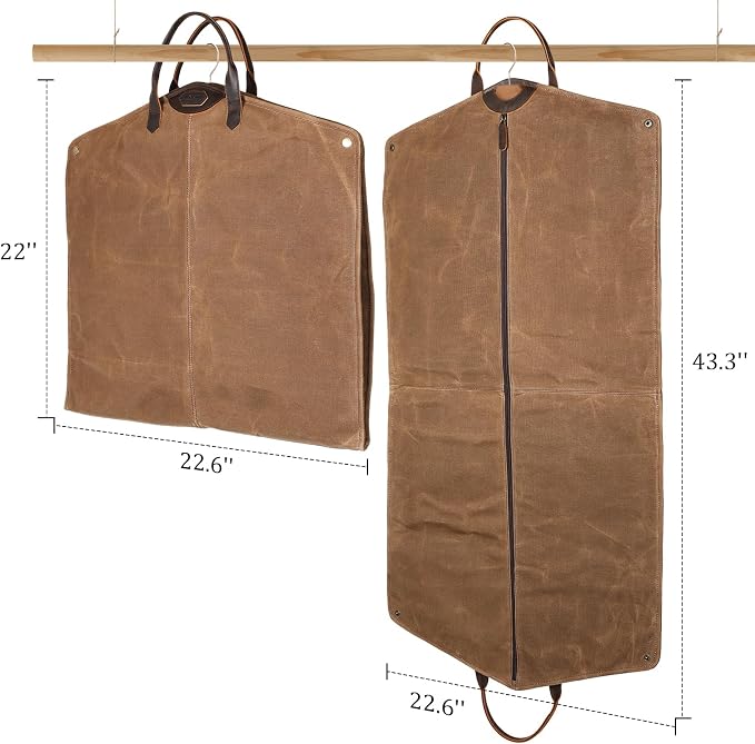 Polare 43” Waxed Canvas Full Grain Leather Trim Garment Bag for Travel, Large Carry on Business Suitcase Cover with YKK Zipper, Waterproof Hanging Suit Garment Cover with Handles,1 pack - Image 2