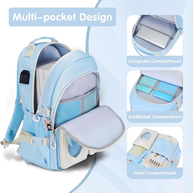ACESAK Backpack for Girls - Bookbag Backpacks Schoolbag for Girls Kids Teen Women Casual Travel Daypacks - School Bag Elementary Middle School College Cute Backpack with Lunch Box (Blue White) - Image 2