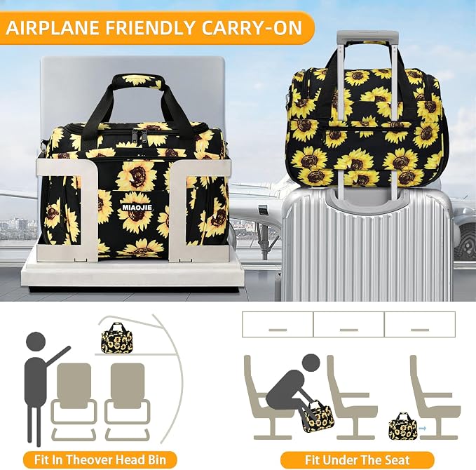 Underseat Carry On Luggage Lightweight Travel Tote Weekender Bag Overnight Duffle Bag for Travel, Travel Essentials Personal Item Travel Bag for Women and Men, Sunflower-16Inch - Image 5
